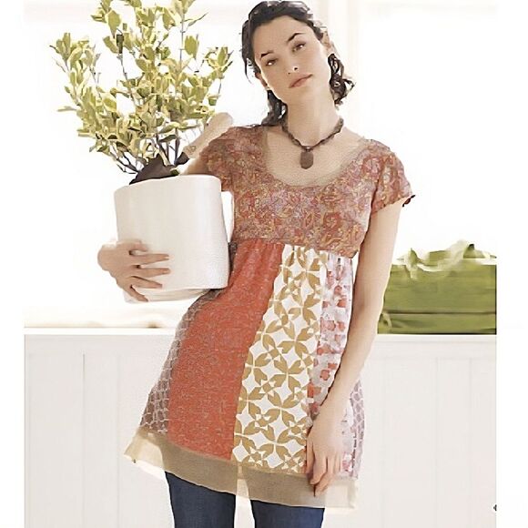Garnet Hill Silk Baby Doll Tunic Top Paisley Patchwork Cap Sleeve Women's Medium - Picture 1 of 12